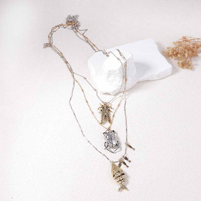 Unique Animal-Inspired Insect Alloy Beetle Cicada Fish Pendant Necklace – Multi-Layered Design Perfect for Any Occasion