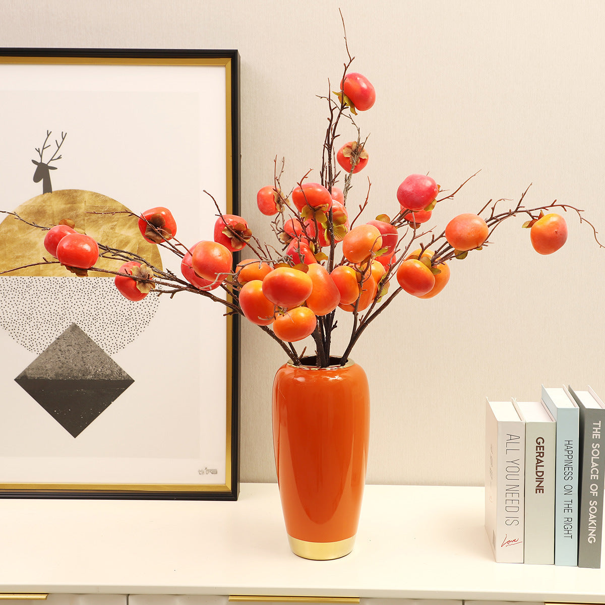 Realistic 7-Fruit Persimmon Branch – Stunning Home Decor for Living Room and Entryway – Lifelike Berry Floral Arrangement Perfect for Soft Furnishings