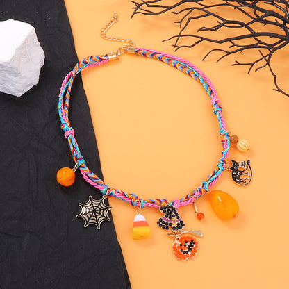 Stylish Halloween-Inspired Minimalist Braided Alloy Pumpkin Spider Pendant Necklace for Women – Perfect for Festive Celebrations and Everyday Wear!