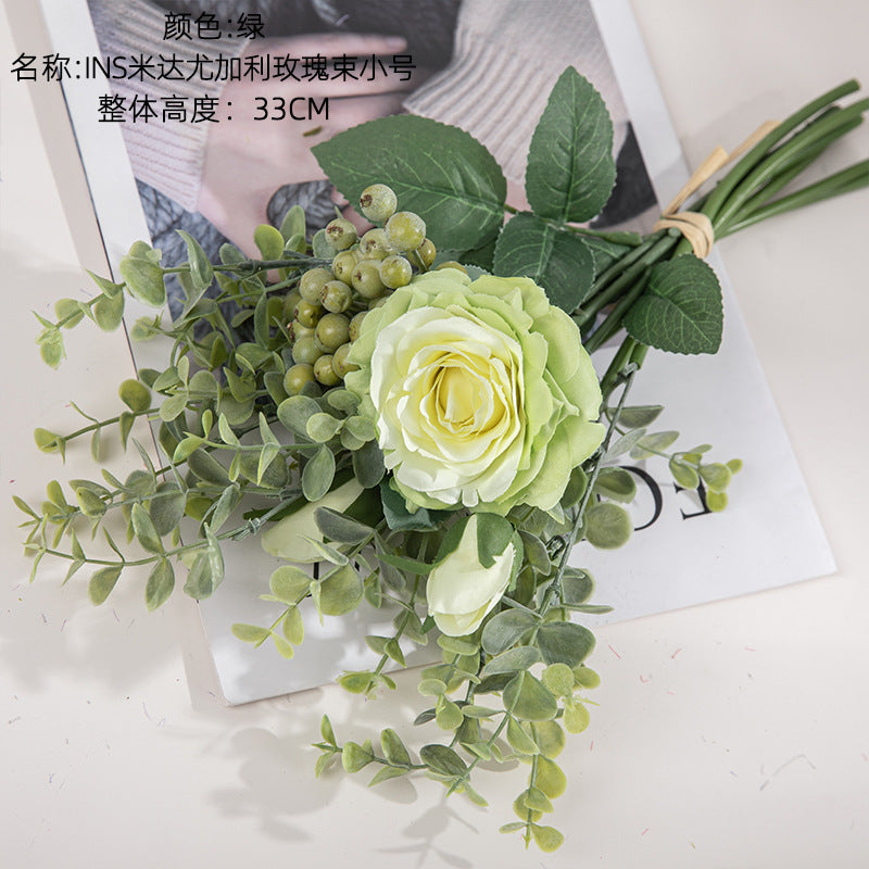 Stunning Eucalyptus Rose Bouquet - Realistic Artificial Flowers for Home Decor and Wedding Celebrations - Perfect for INS Aesthetic - Model DY1-2299