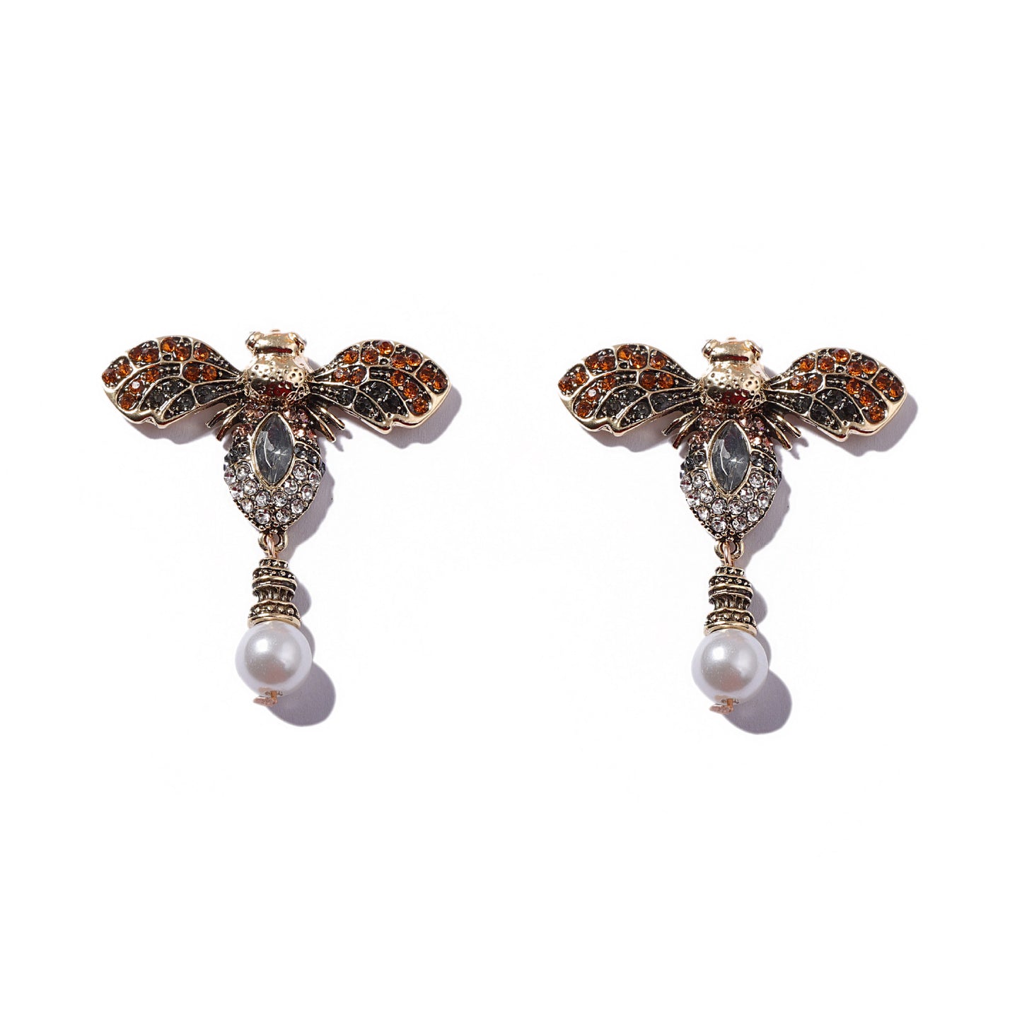 Vintage-Inspired Unique Alloy Bee Earrings with Full Rhinestones and Faux Pearls – Elegant High-End Design for Women