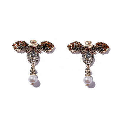 Vintage-Inspired Unique Alloy Bee Earrings with Full Rhinestones and Faux Pearls – Elegant High-End Design for Women