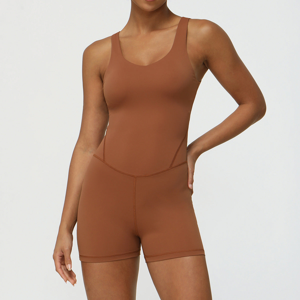 High Performance Wide Strap V Neck One Piece Jumpsuit for Yoga Waist Shaping Design Butt Lifting Fit and Built in Chest Padding