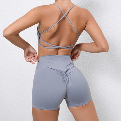 Cross Back Sports Bra and Peachy Butt Shorts Yoga Set Quick Dry Moisture Wicking Workout Outfit for Running Fitness and Gym