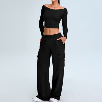 Fall and Winter One Shoulder Yoga Outfits for Women Relaxed Fit Casual Sports Set with Straight Leg Pants for Yoga Gym and Everyday Wear