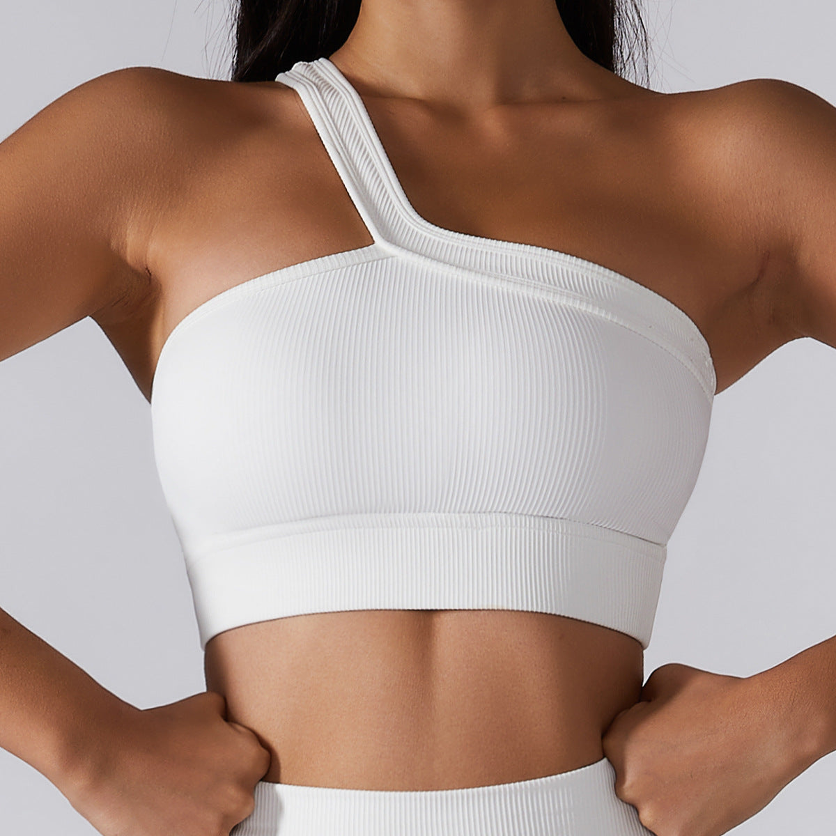 Spring Summer Ribbed One Shoulder Yoga Bra Seamless Fitness Crop Top with Beautiful Back Design for Everyday Wear and Active Workouts