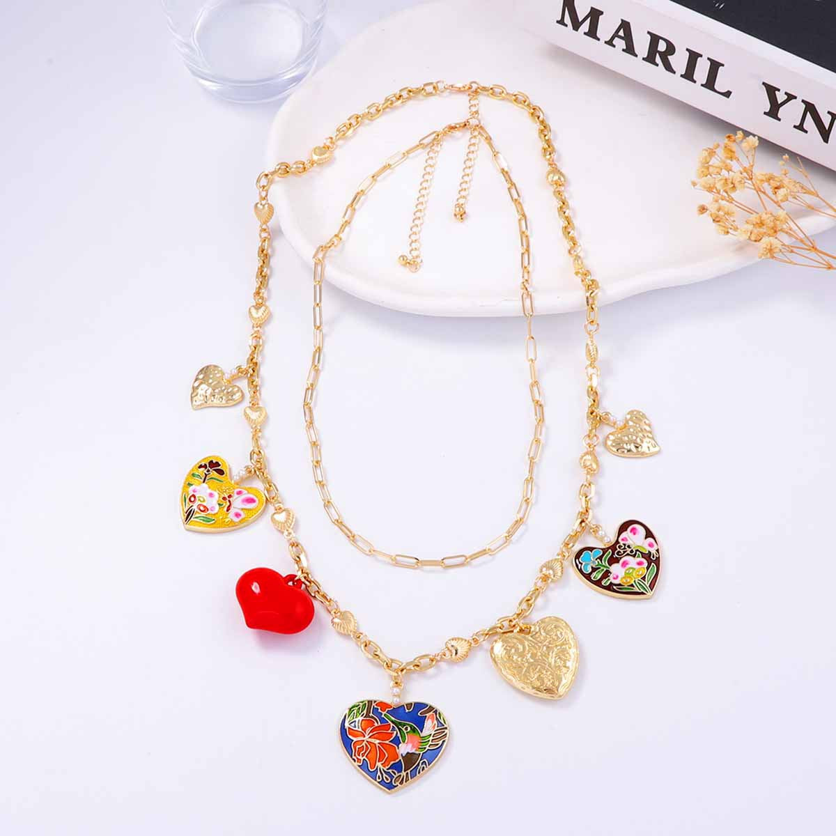 Bohemian Chic Double-Layer Alloy Heart Pendant Necklace - Unique Drip Oil Design for Stunning Layered Style