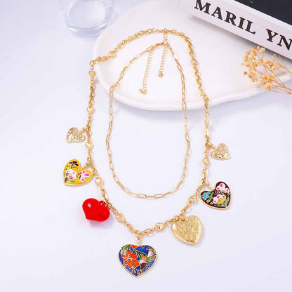 Bohemian Chic Double-Layer Alloy Heart Pendant Necklace - Unique Drip Oil Design for Stunning Layered Style