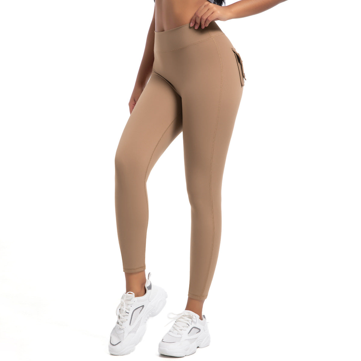 High Waisted Peach Fitness Leggings with Buttoned Pockets Stretchy Quick Dry Tummy Control Yoga Pants for Running and Workout