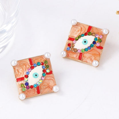 Minimalist Halloween Alloy Drip Oil Zircon Gemstone Devil Eye Geometric Square Stud Earrings - Unique Design for Spooky Style