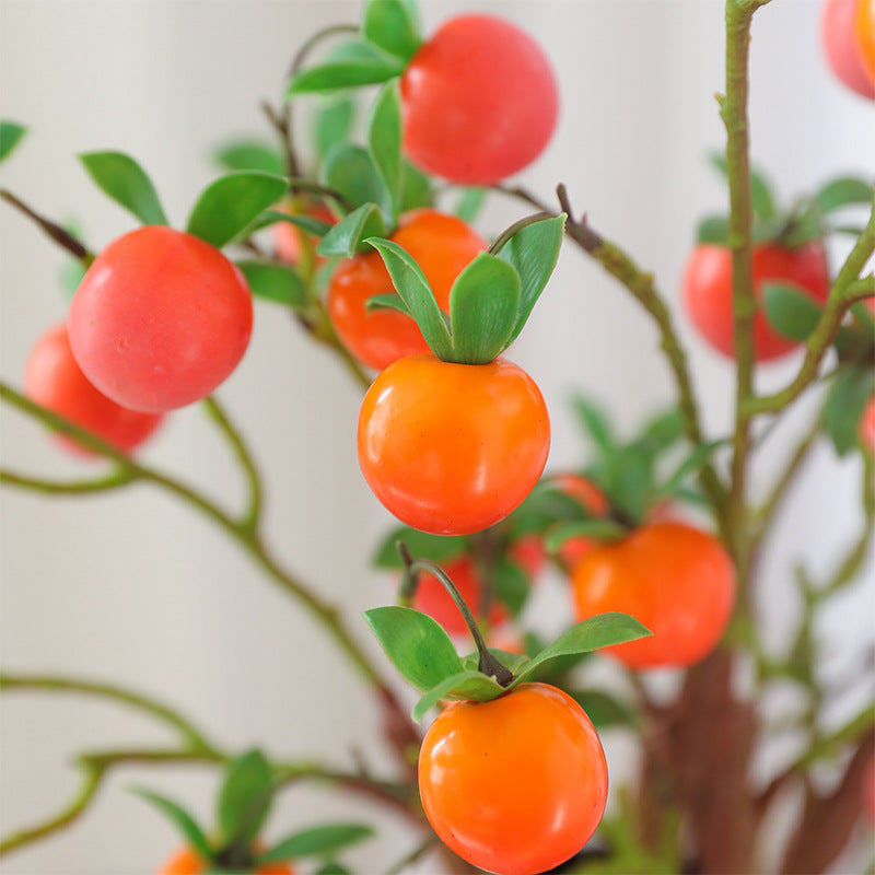 New Year Prosperity Bucket Decoration with Faux Green Plants, Illuminated Old Duck Persimmons, and Glimmering Gold Ball Photography Props for Weddings and Home Decor