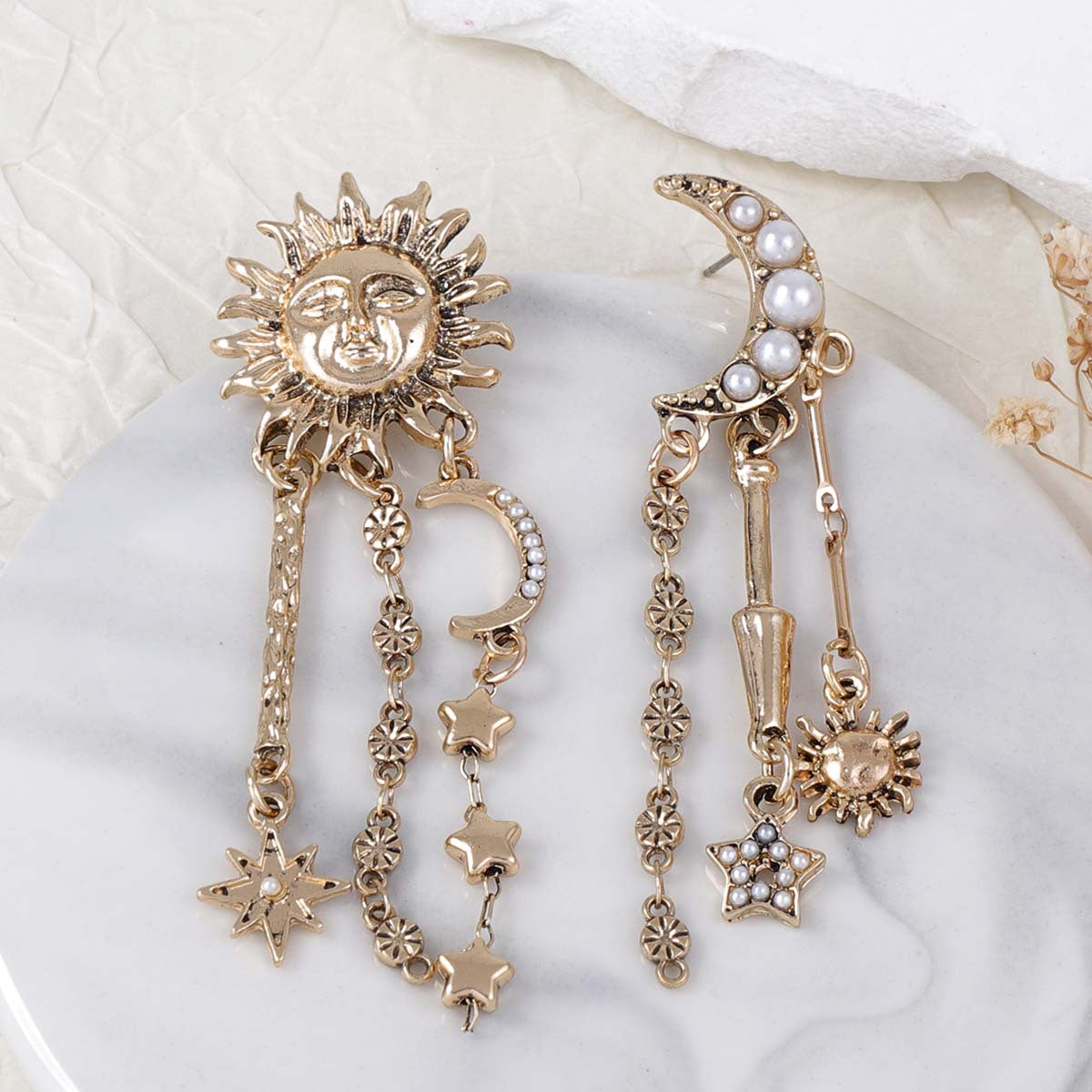 Bold and Unique Sun, Moon, and Star Tassel Earrings | Creative Geometric Universe Planet Jewelry for Women
