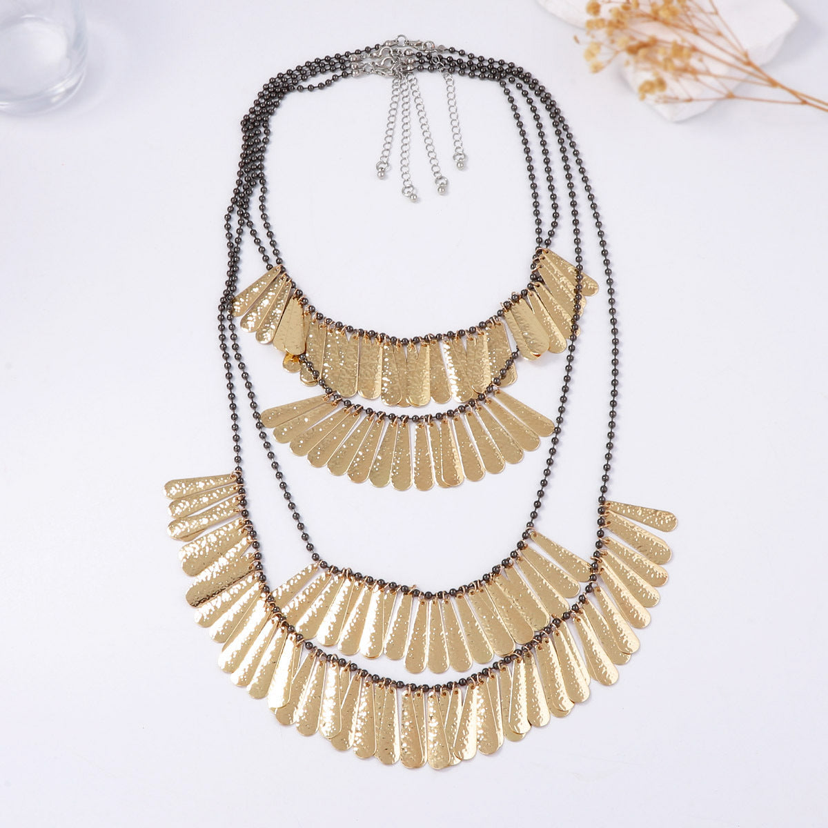 Chic Geometric Metal Pendant Necklace - Multi-layered, Stackable Design with Iridescent Iron Beads for a Luxurious and Unique Look