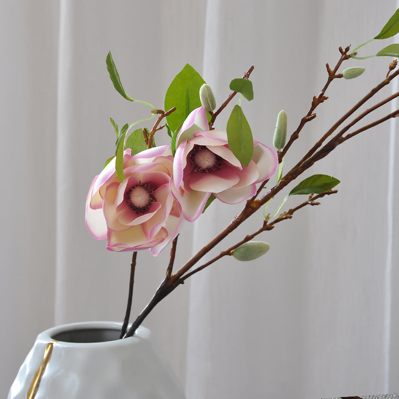 Realistic Faux Magnolia Flowers with Leaves on Soft Fabric Stems - Elegant Home Decor, Classical Long Branches, Multi-headed Floral Arrangement for Weddings and Celebrations