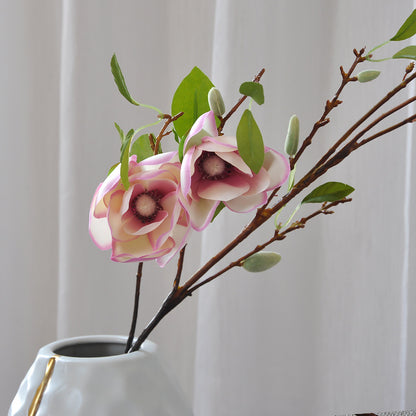 Realistic Faux Magnolia Flowers with Leaves on Soft Fabric Stems - Elegant Home Decor, Classical Long Branches, Multi-headed Floral Arrangement for Weddings and Celebrations