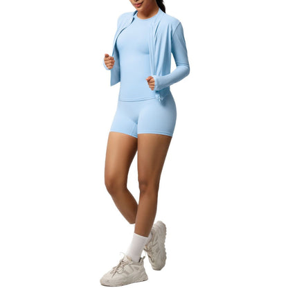 Versatile 3 Piece Activewear Set Zip Up Jacket Fitted Short Sleeve Top and Comfortable Yoga Shorts for Fitness and Leisure