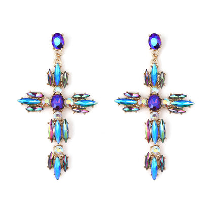 Trendy Creative Statement Geometric Cross Alloy Earrings with Sparkling Gemstones – Versatile Fashion Accessory for Any Occasion