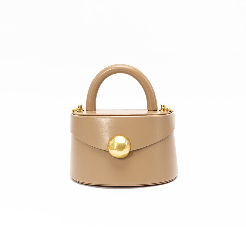 Luxury Genuine Leather Women's Half Round Box Bucket Bag with Elegant Metallic Handle Minimalist 3D Crossbody Purse for Chic Style