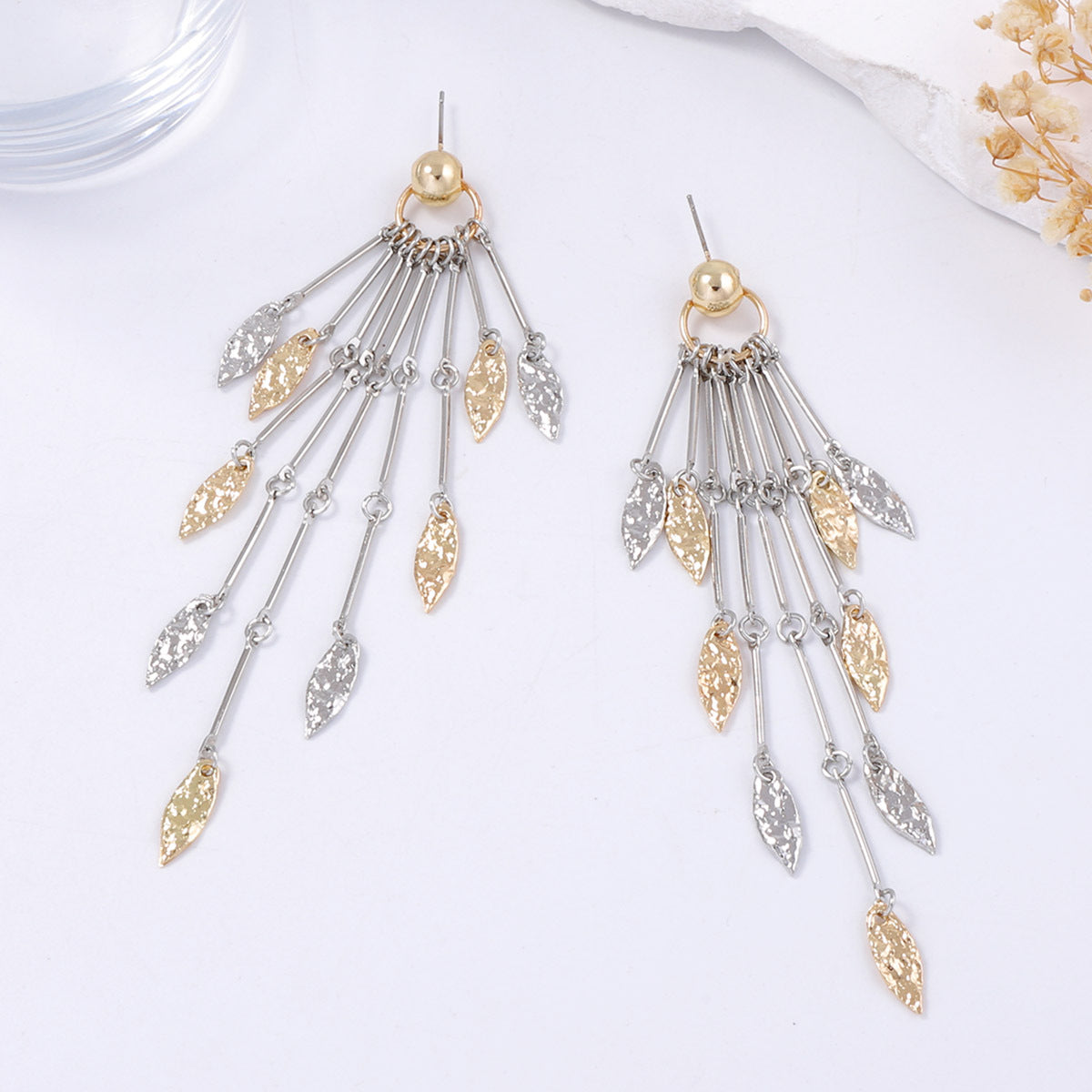 Chic Luxury Long Metal Tassel Earrings with Geometric Leaf Design - Versatile and Elegant Statement Pieces for Women