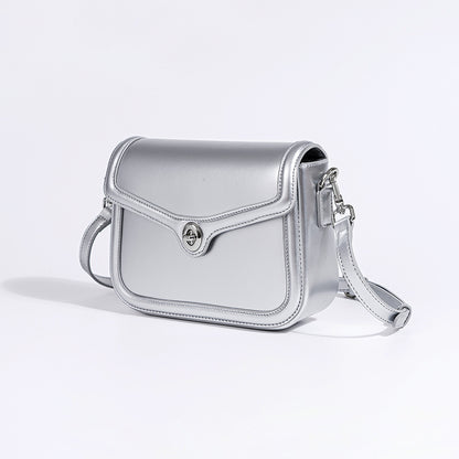 Chic Korean Inspired Designer Tofu Bag Fashionable Silver Lock Closure Real Leather Shoulder and Crossbody Purse for Women