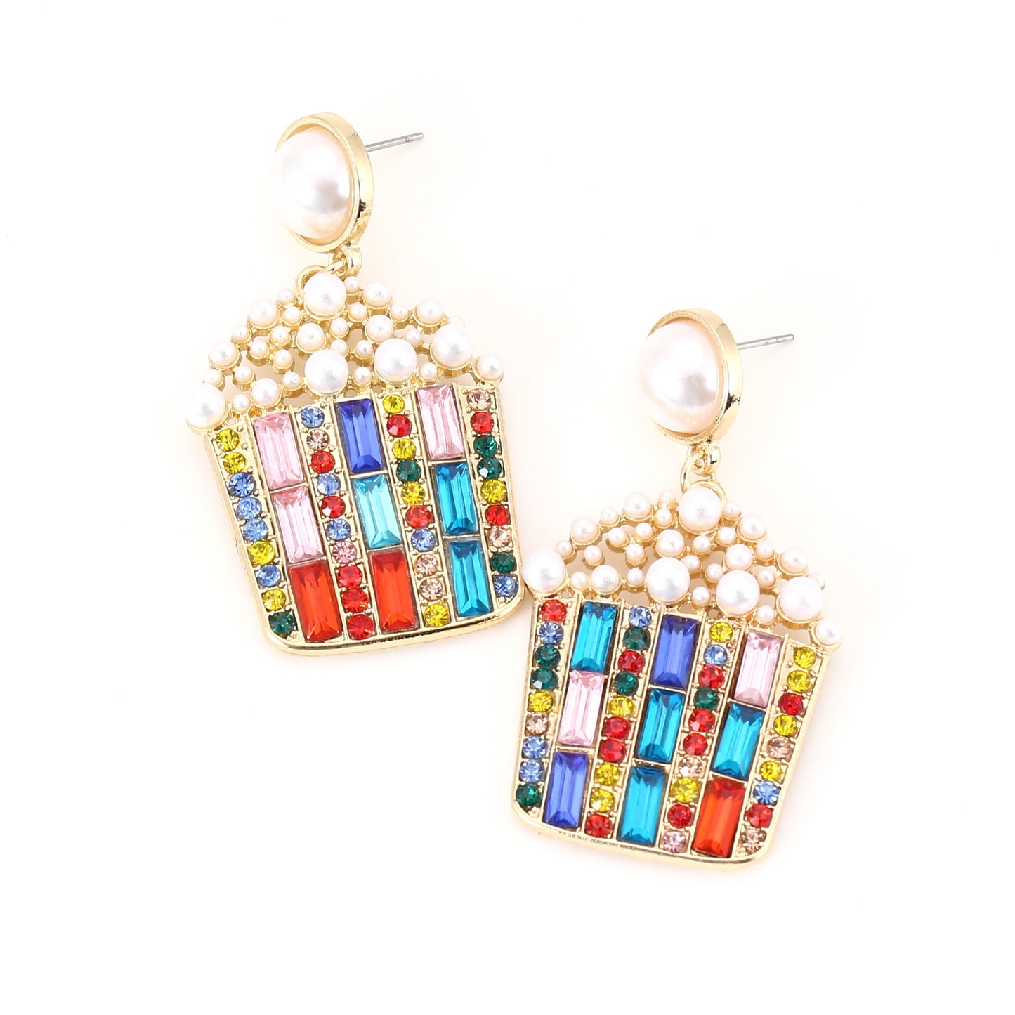 Exquisite Geometric Pearl and Gemstone Popcorn Earrings with Dazzling Colorful Diamond Accents – Unique and Bold Fashion Statement