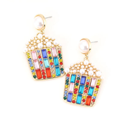 Exquisite Geometric Pearl and Gemstone Popcorn Earrings with Dazzling Colorful Diamond Accents – Unique and Bold Fashion Statement