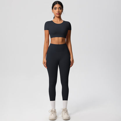 Soft Brushed Fabric Yoga Set with Built in Bra Short Sleeve Top High Waisted Butt Lifting Leggings for Running and Fitness