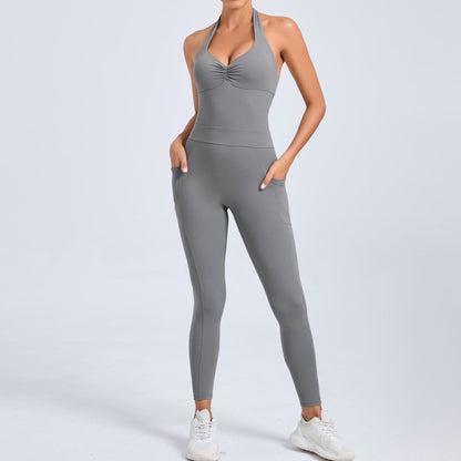 Backless Yoga Jumpsuit for Women Adjustable Neck Design with Side Pockets for Dance and Fitness