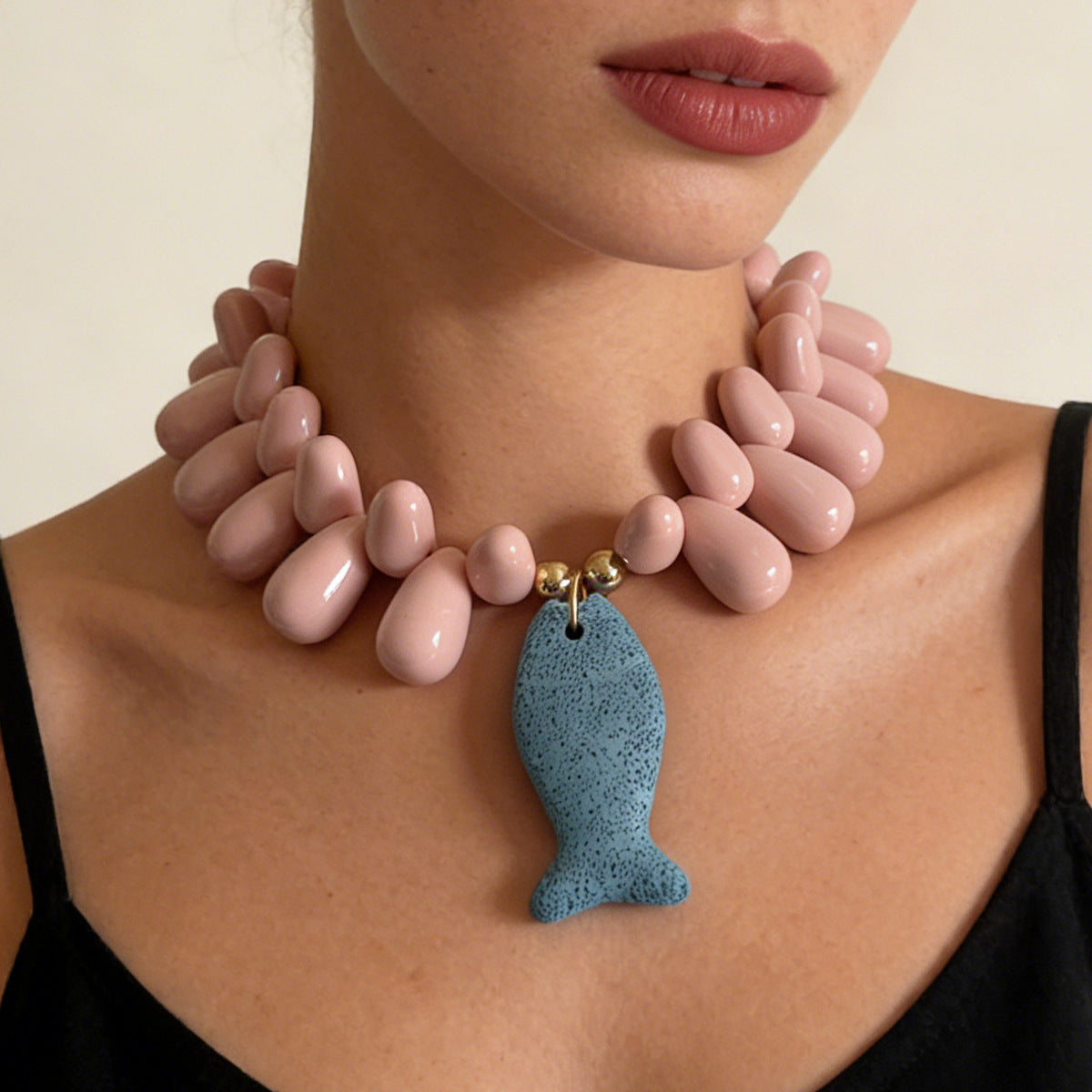 Exquisite Minimalist Natural Ocean-Inspired Vacation Necklace with Volcanic Stone, Starfish, and Tiny Fish Charms - Perfect Summer Accessory for Women