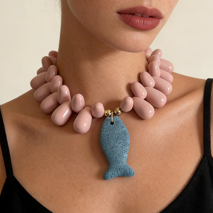Exquisite Minimalist Natural Ocean-Inspired Vacation Necklace with Volcanic Stone, Starfish, and Tiny Fish Charms - Perfect Summer Accessory for Women