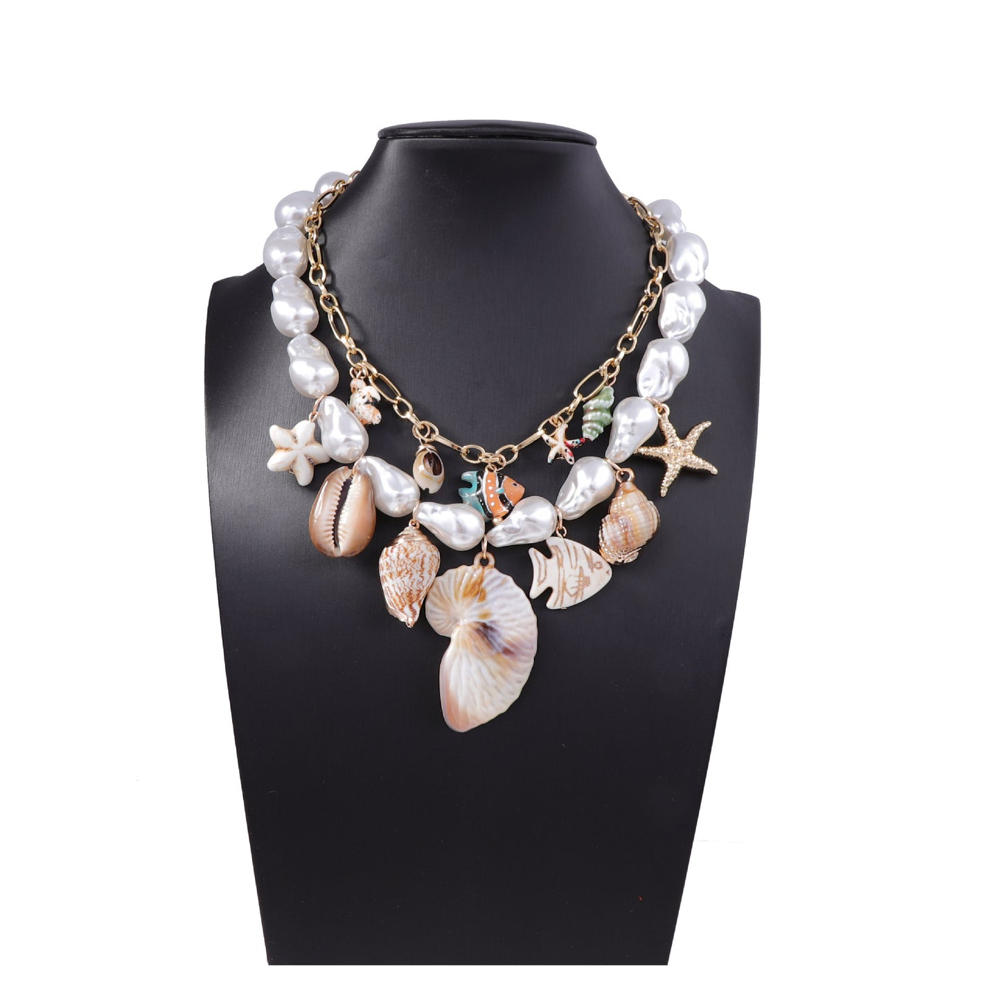 Stylish Personalized Baroque-Inspired Ceramic Pearl Alloy Shell Pendant Necklace - Double Layered Design for Women
