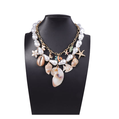 Stylish Personalized Baroque-Inspired Ceramic Pearl Alloy Shell Pendant Necklace - Double Layered Design for Women