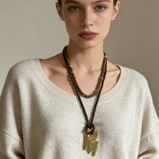 Bohemian-Inspired Vintage Multi-Layered Beaded Long Necklace with Unique Irregular Wood Beads - Perfect for Your Summer Vacations