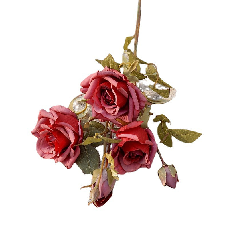 Realistic Faux Flower Faux Rose Bouquet - 2-Branch Autumn-Inspired Edged Roses for Valentine's Day, Weddings, Home Decor, and Photography Props