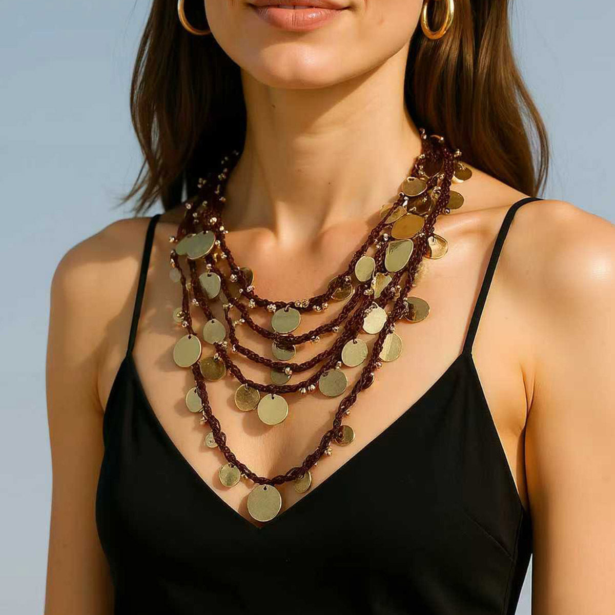 Chic Luxury Geometric Waterfall Design Multi-Layer Beaded Necklace with Dazzling Circular Pendant – Elevate Your Style with Sophisticated Elegance!