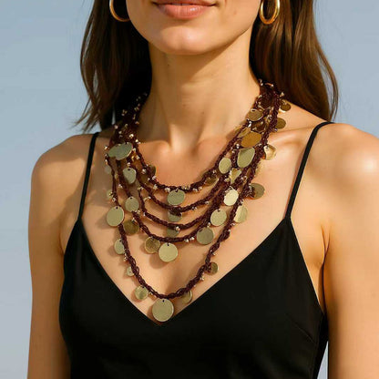 Chic Luxury Geometric Waterfall Design Multi-Layer Beaded Necklace with Dazzling Circular Pendant – Elevate Your Style with Sophisticated Elegance!