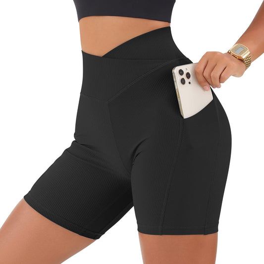 High Performance Women's Athletic Shorts with Pockets Butt Lifting Cross Waist Ribbed Yoga Shorts for an Active Lifestyle