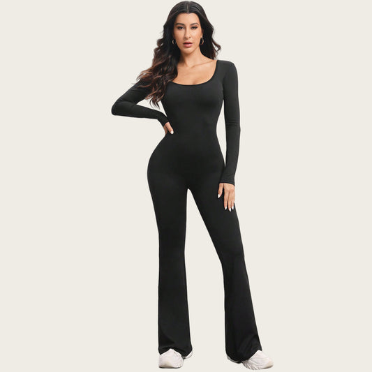 Women's Slim Fit Long Sleeve Yoga Jumpsuit with Butt Lifting Design Flared Leg Pants for Dance Running and Fitness Comfortable Activewear