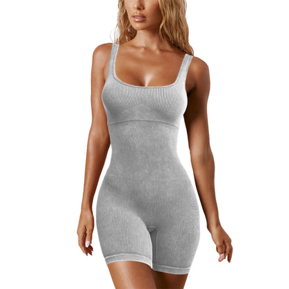 Seamless Ribbed One Piece Yoga Fitness Outfit Quick Dry Running Sportswear with Breathable Shorts for Comfort and Style