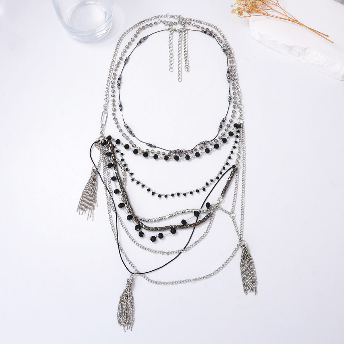 Chic and Luxurious Multi-Strand Tassel Pendant Necklace for Women - Layered Sweater Chain with Exaggerated Design for Effortless Style