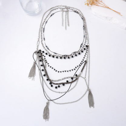 Chic and Luxurious Multi-Strand Tassel Pendant Necklace for Women - Layered Sweater Chain with Exaggerated Design for Effortless Style