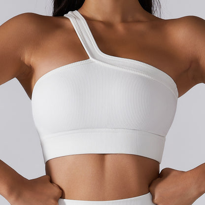 Spring Summer Ribbed One Shoulder Yoga Bra Seamless Fitness Crop Top with Beautiful Back Design for Everyday Wear and Active Workouts