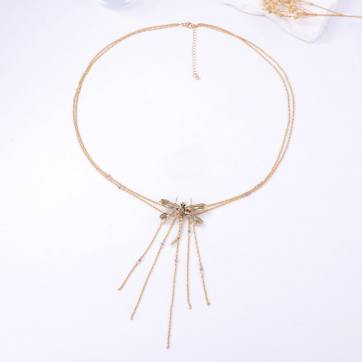 Elegant Luxury-Inspired Double Layer Women's Necklace with Alloy Dragonfly Pendant and Tassel Design – Perfect for Any Occasion