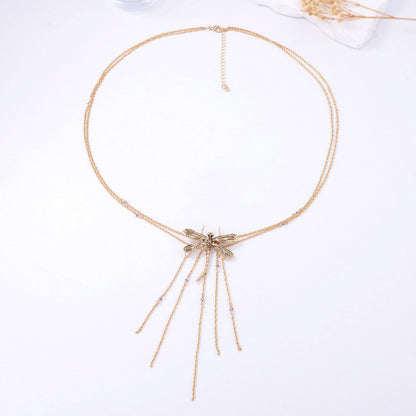 Elegant Luxury-Inspired Double Layer Women's Necklace with Alloy Dragonfly Pendant and Tassel Design – Perfect for Any Occasion