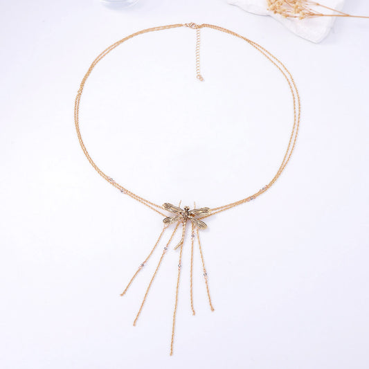 Elegant Luxury-Inspired Double Layer Women's Necklace with Alloy Dragonfly Pendant and Tassel Design – Perfect for Any Occasion