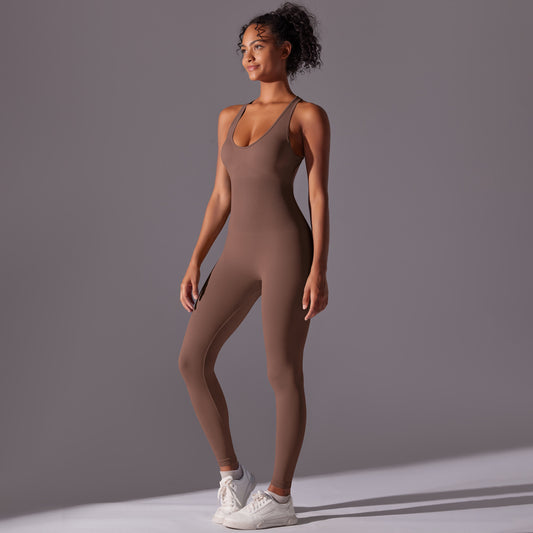 Seamless Backless Hollow Out Solid Color Yoga Jumpsuit High Waisted Compression Leggings for Comfort and Support