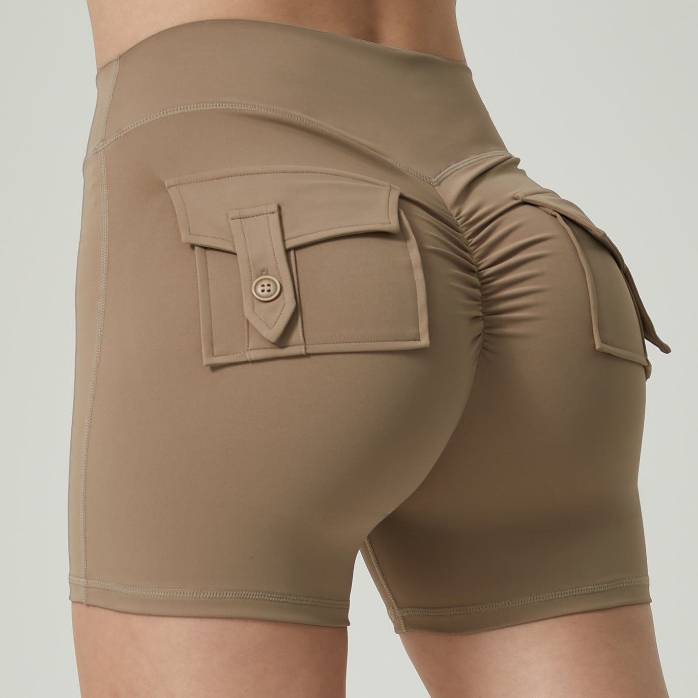 High Waisted Pocketed Yoga Shorts for Women Flattering Boosted Peach Butt No Show Thong Line for Gym and Outdoor Activities