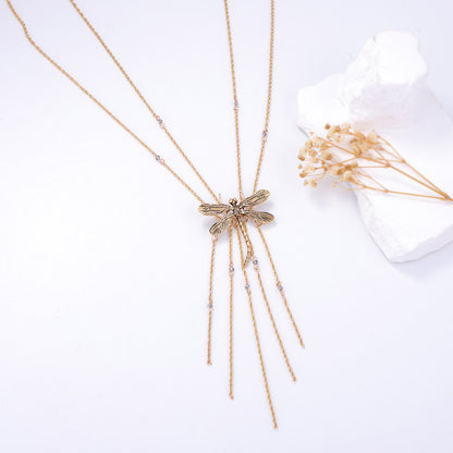 Elegant Luxury-Inspired Double Layer Women's Necklace with Alloy Dragonfly Pendant and Tassel Design – Perfect for Any Occasion
