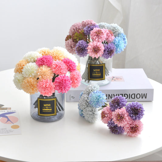 Lifelike Faux Dandelion Ball Chrysanthemum Silk Flowers | Short Stem Bouquet for Wedding Decorations | Set of 6 Stunning Handmade Arrangements