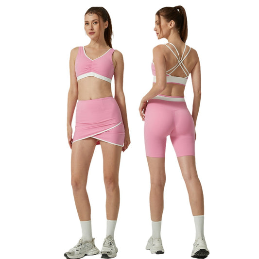 Spring Summer Color Block Yoga Set for Women Camisole Bra Mini Skirt and Shorts Workout Ensemble for Comfort and Flexibility